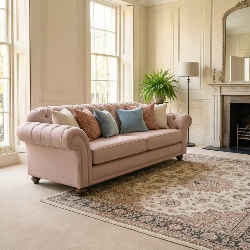 Chesterfield-Style 3-Seater Sofa – Dusky Pink Upholstery 1
