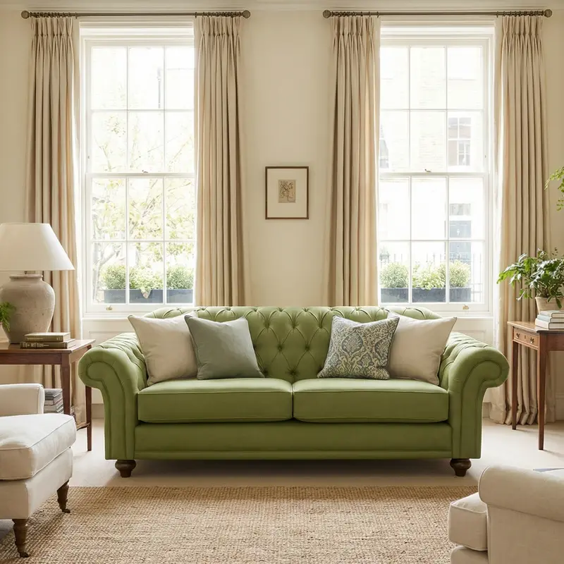Chesterfield-Style 3-Seater Sofa – Olive Green Fabric 1