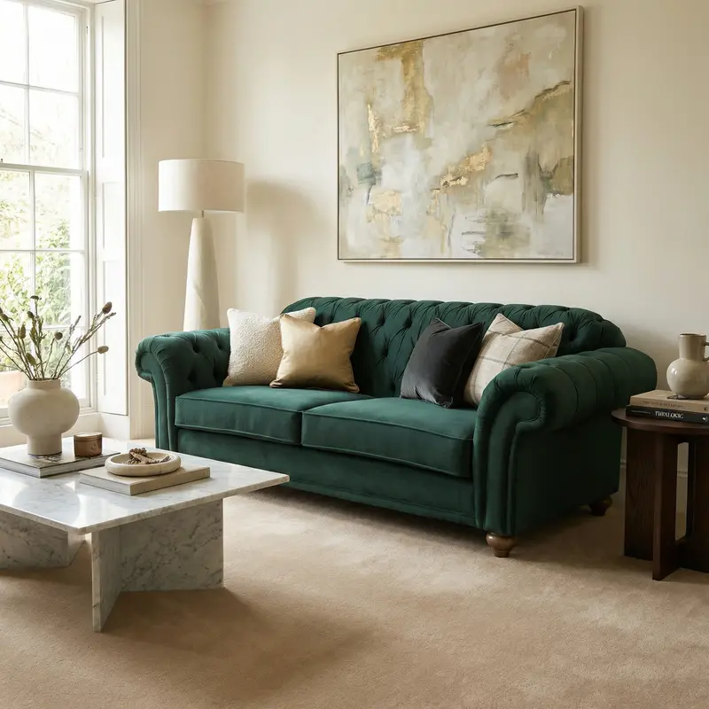 Chesterfield-Style 3-Seater Velvet Sofa – Bottle Green Finish 1