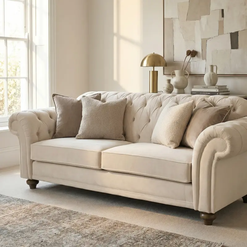 Chesterfield-Style 3-Seater Velvet Sofa – Cream Upholstery 1