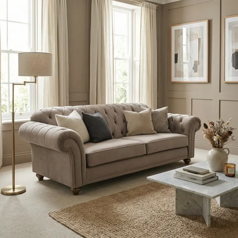 Chesterfield-Style 3-Seater Velvet Sofa – Mink Shade 1