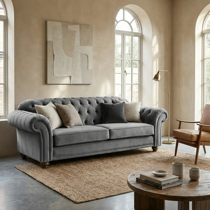 Chesterfield-Style 3-Seater Velvet Sofa – Steel Grey Tone 1