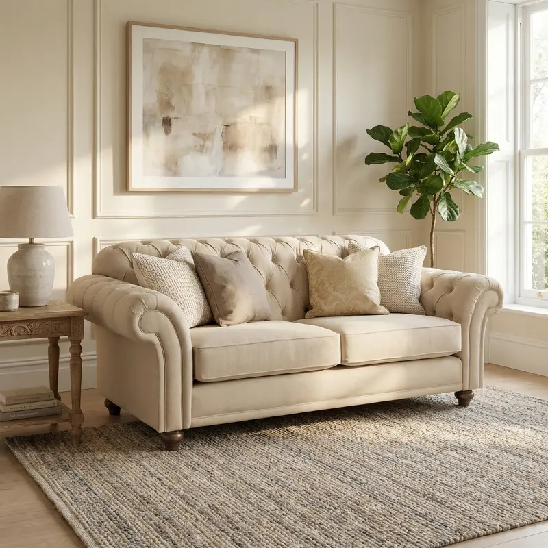 Chesterfield Two-Seater Sofa – Beige Linen-Look Fabric 1