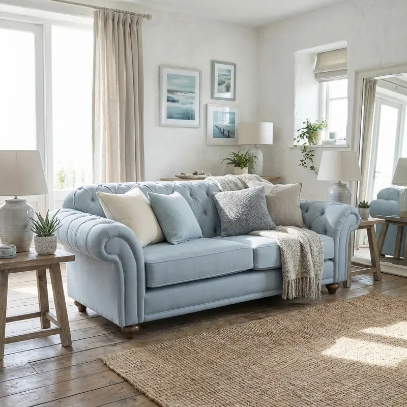 Chesterfield Two-Seater Sofa – Sky Blue Upholstery 1