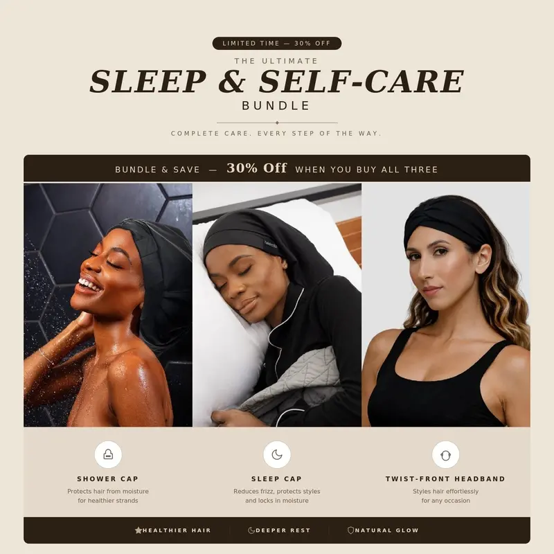 Hair Protection Essentials Trio: Shower Cap, Sleep Cap, And Twist-Front Headband 1