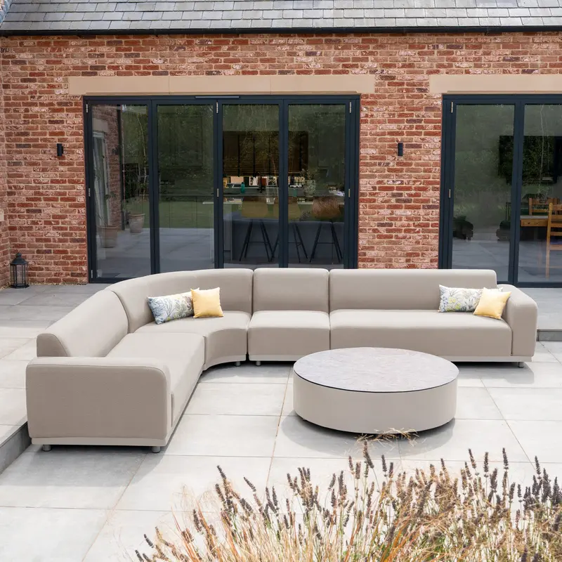 Luna Large Curved Outdoor Fabric Corner Seating Group With Round Coffee Table – Fawn 1