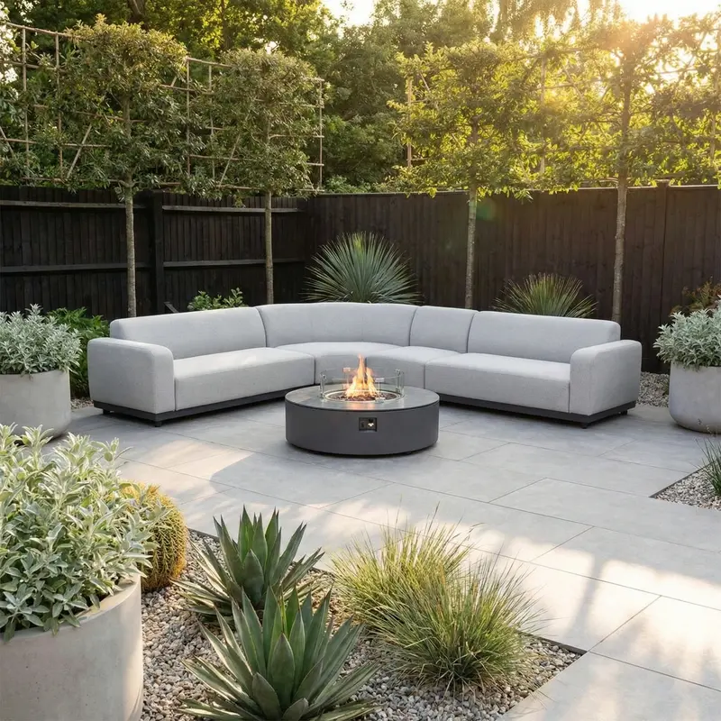 Luna Large Outdoor Fabric Curved Corner Lounge With Round Firepit Table – Oyster Grey 1