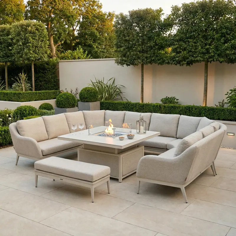 Luna U-Shaped Outdoor Fabric Corner Dining Set With Height-Adjustable Firepit Table – Fawn 1