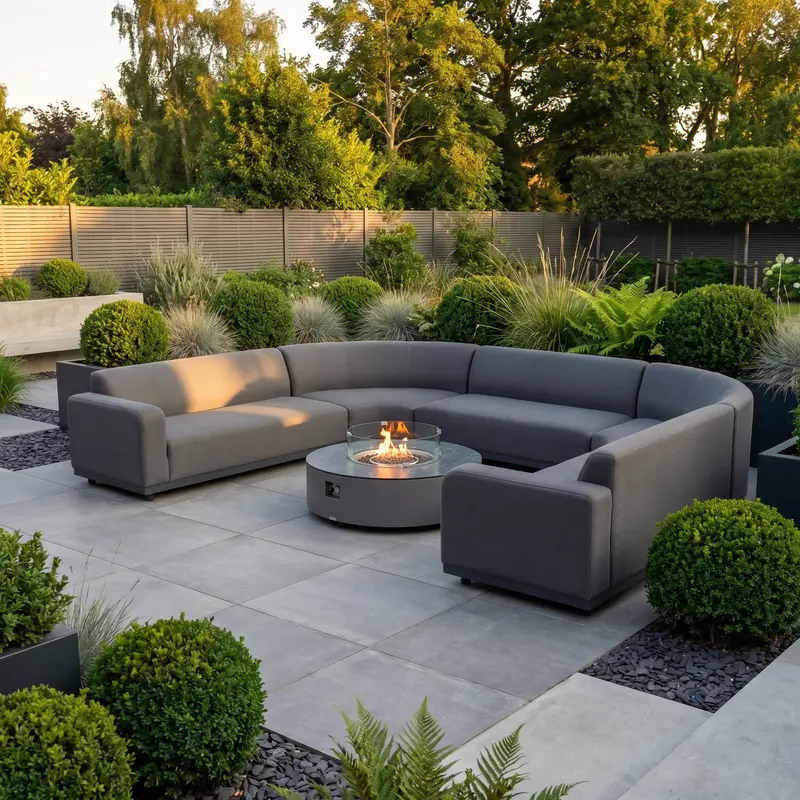 Luna U-Shaped Outdoor Fabric Corner Dining Set With Round Firepit Table – Grey 1