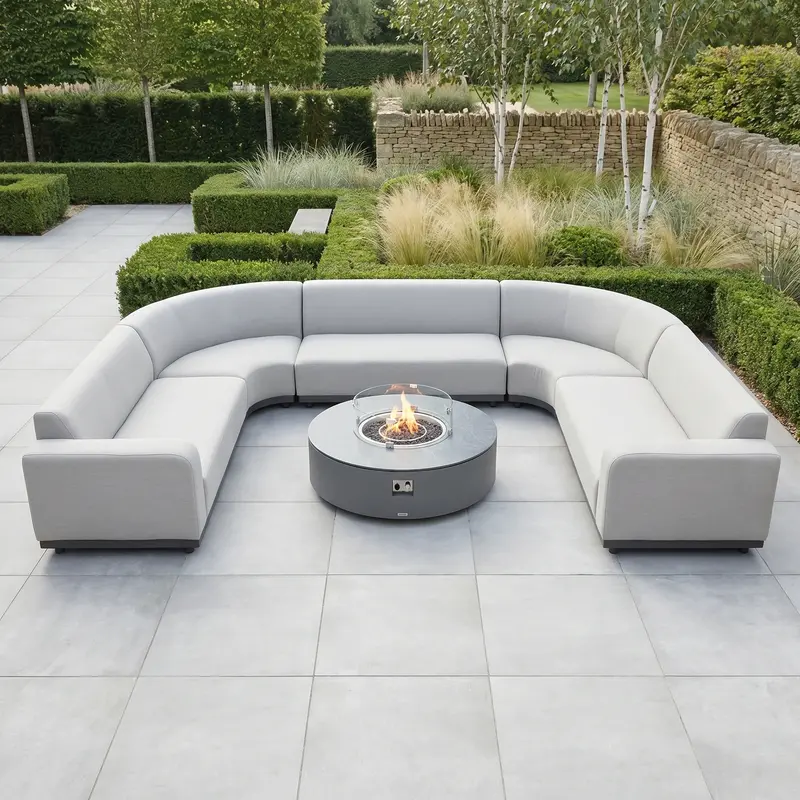 Luna U-Shaped Outdoor Fabric Corner Lounge With Round Firepit Table – Oyster Grey 1