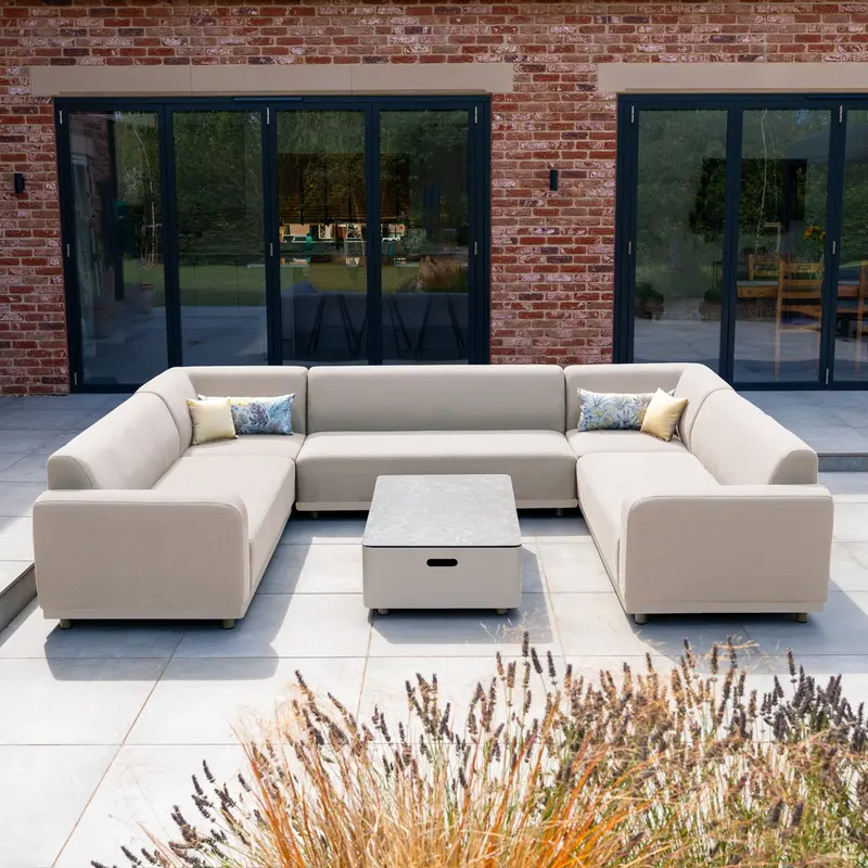 Luna U-Shaped Outdoor Fabric Sofa Set With Standard Coffee Table – Fawn 1