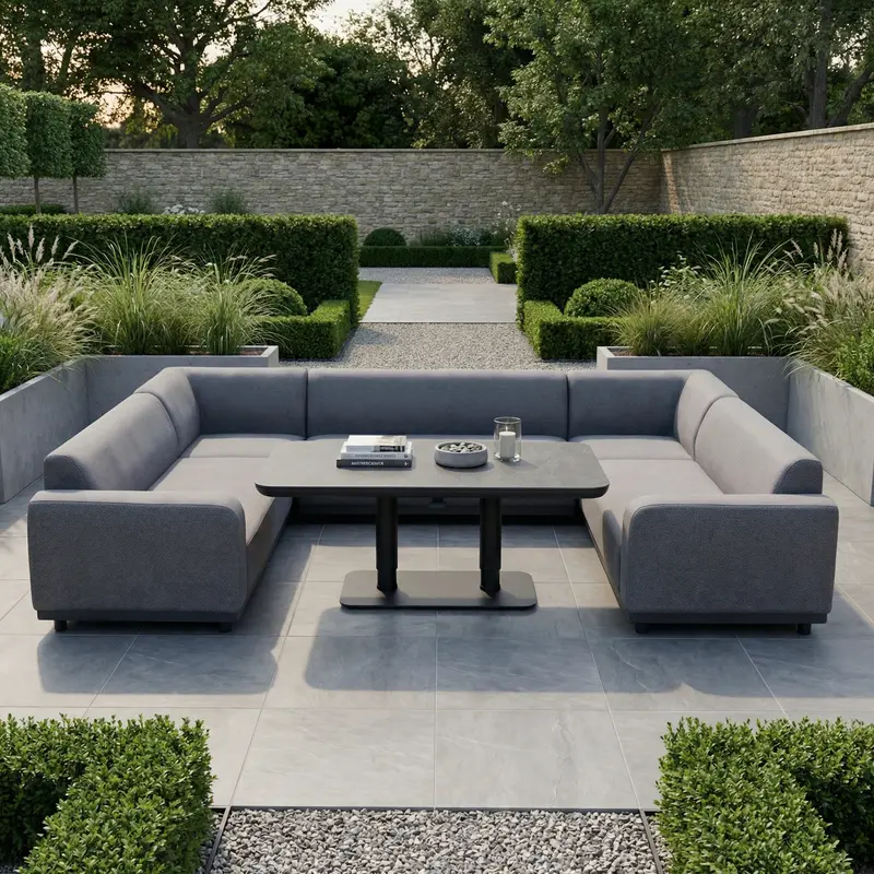 Luna U-Shaped Outdoor Sofa Set With Altura Adjustable Table – Charcoal Grey Fabric 1