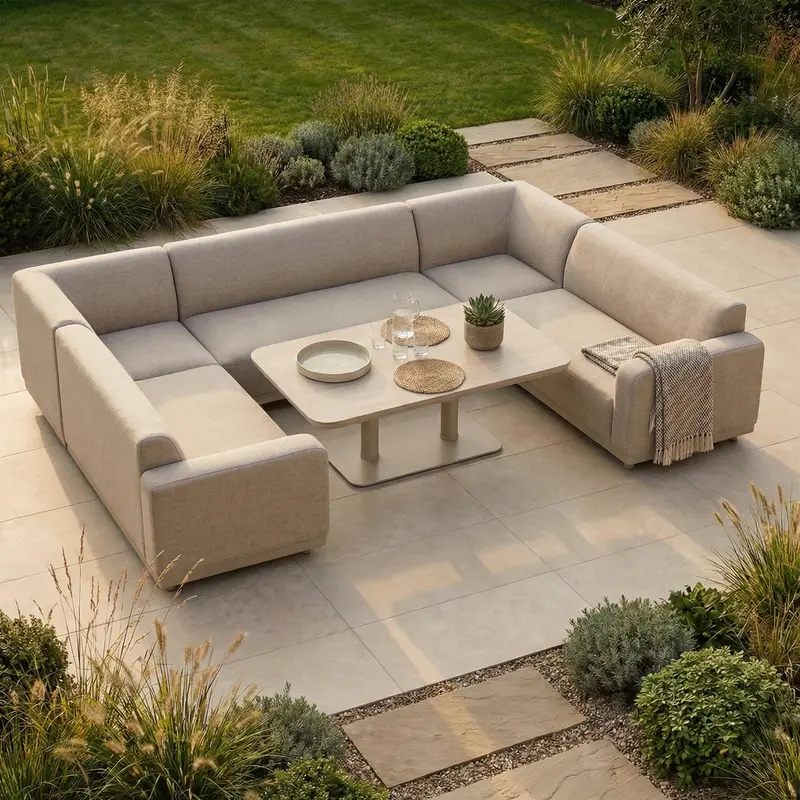 Luna U-Shaped Outdoor Sofa Set With Altura Adjustable Table – Fawn Fabric 1